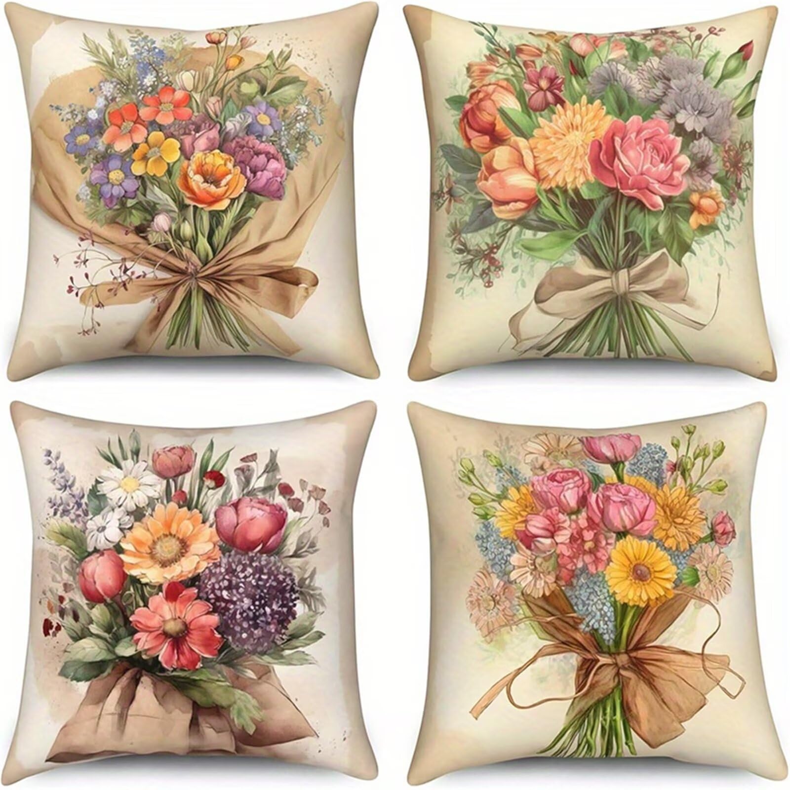 Housse de coussin 35x35 en lin lot de 4 fleurs roses jaunes pour salon