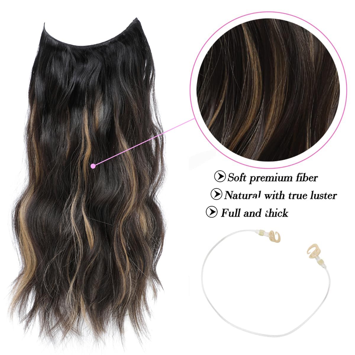 Invisible Wire Hair Extensions One Piece Wavy hair Extension Synthetic HairPieces for Women 20 Inch Chocolate Brown with Highlights hairExtensions - Image 3