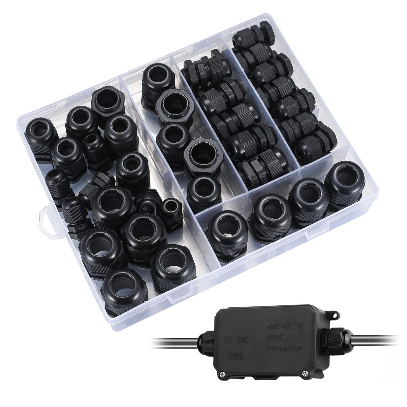50 Pack IP68 Waterproof Nylon Cable Glands, Plastic Nylon Cable Connectors Gland Joints Locknut Stuffing GlandsPG7/9/11/13.5/16/19 for Outdoor, Garden, Switch Box Junction Box