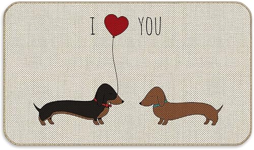 Bonito par de perros salchicha enamorados con texto en inglés "I Love You" - Tapete decorativo para puerta de bienvenida a casa, parejas, 17 x 30