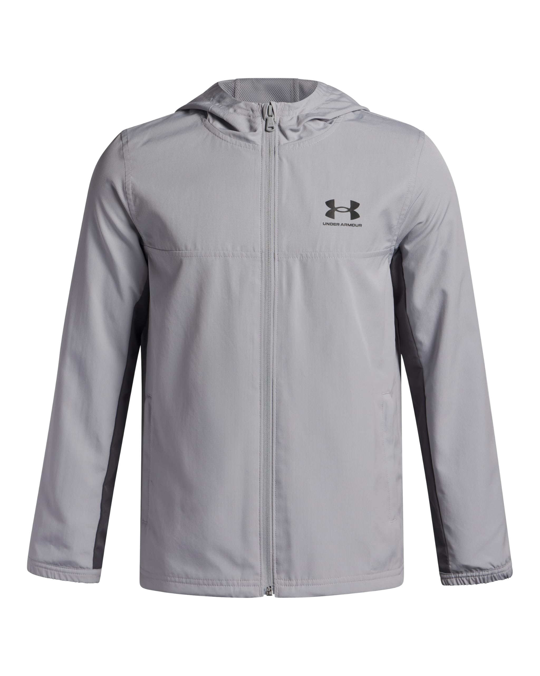 Under Armour Boys' Rival Woven Jacket, Water-Repellent Tracksuit Top for Sprts, PE and Athletics, Lightweight and Breathable Boys' Jacket,Mod Gray/Castlerock/Black,YXS