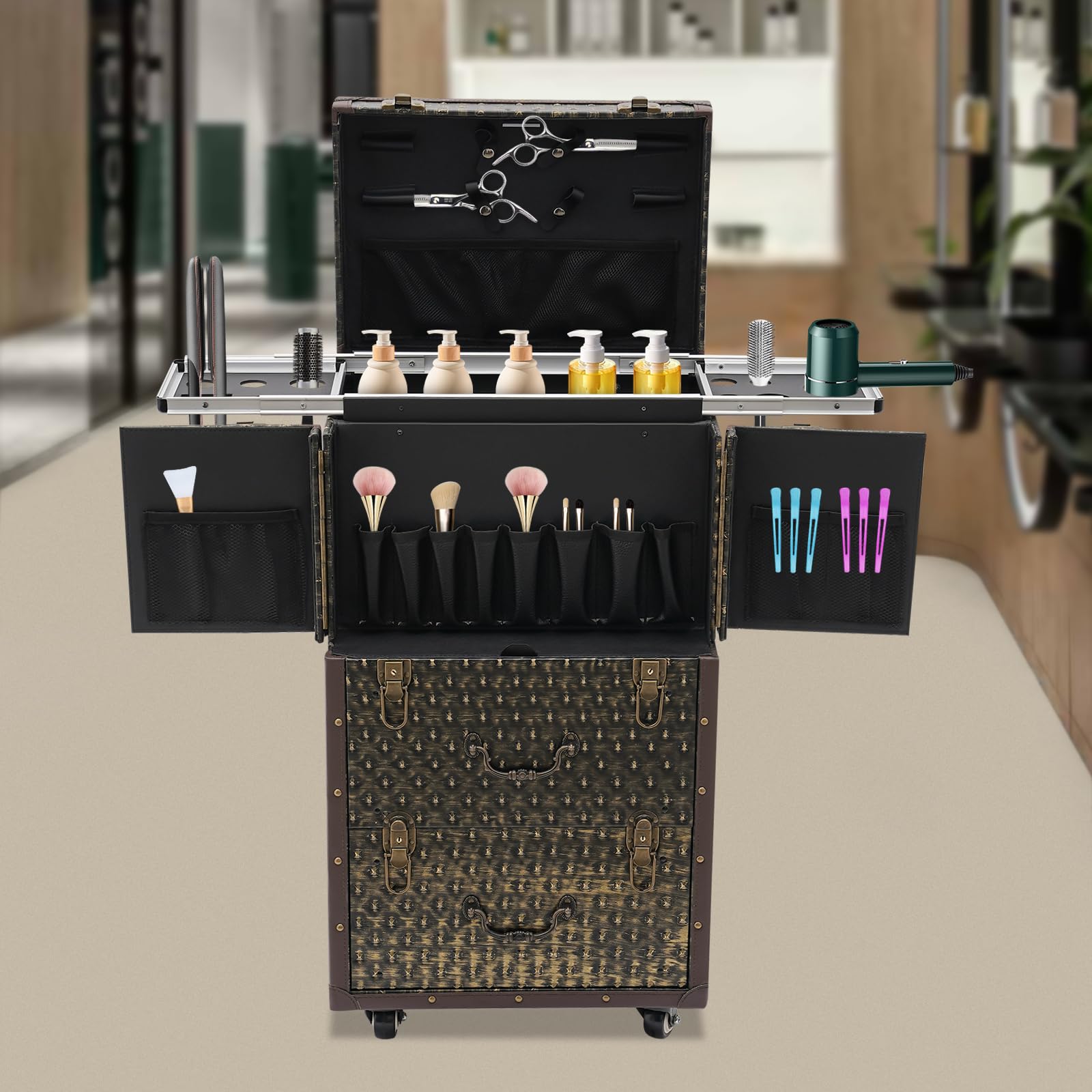 Equipaje Cosmético Tren Cosmético Equipaje de Salón de Belleza, Estuche de Tren de Maquillaje con Ruedas y Cerradura Carrito de Peluquería Estilista Salón de Belleza Equipaje Cos