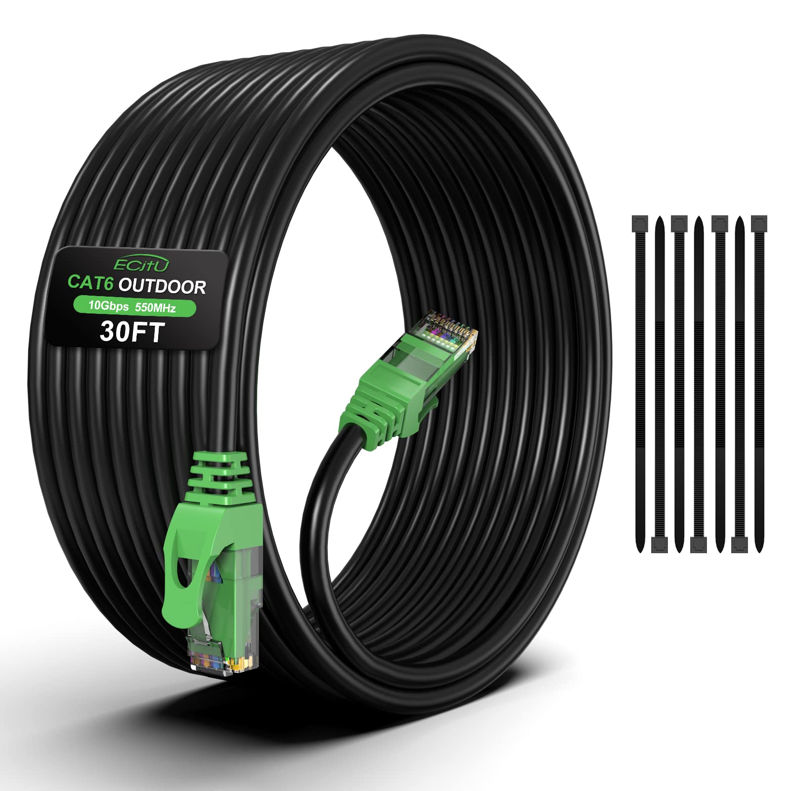 30FT Cat6 Outdoor Ethernet Cable, In-Ground, Heavy Duty Direct Burial, 24AWG CCA Patch Cord for Laptops, PCs, Routers, Printers, Surveillance Camera,