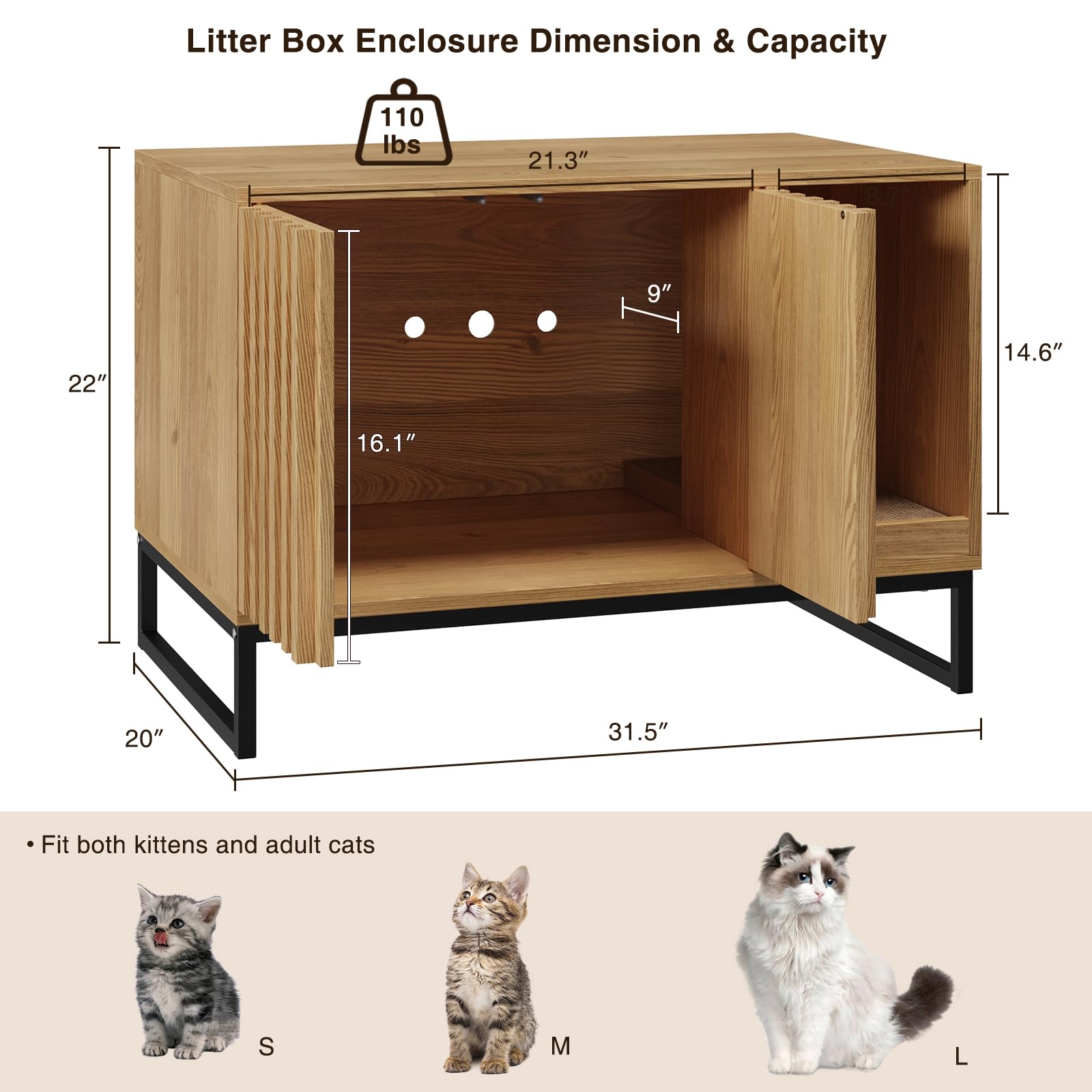 Vabches Litter Box Enclosure, Modern Fluted Cat Hidden Litter Box Furniture with Scratch Pad, Cat Washroom House End Table for Living Room, Natural - image 2