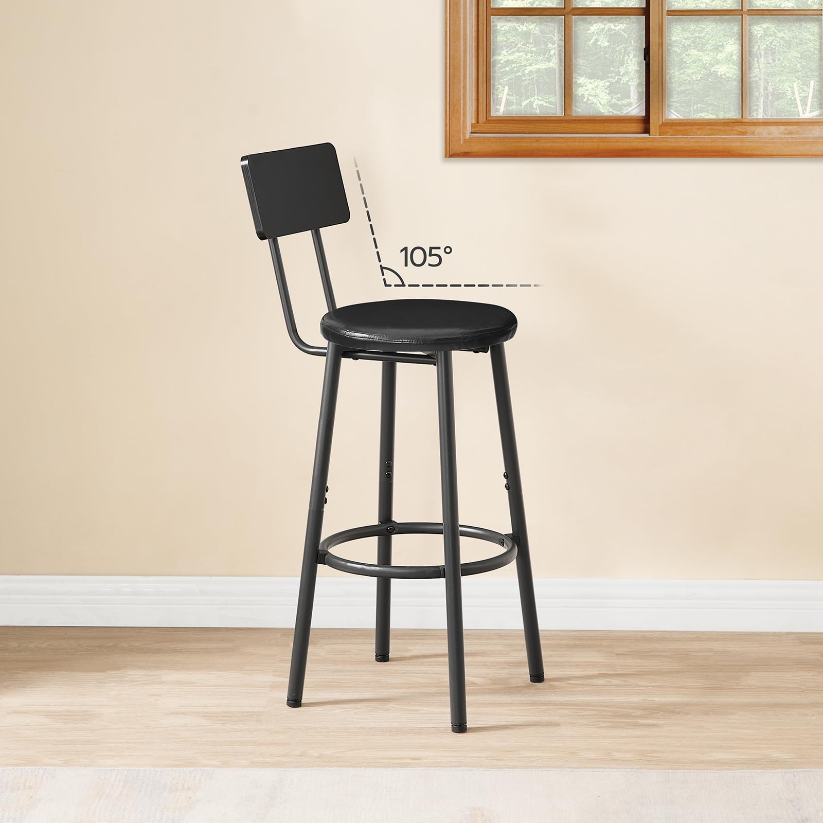 HOOBRO Juego de Dos Taburetes de Bar con Respaldo, Taburete con Reposapiés, Silla Alta para Cocina, Salón, Bar, Patas Ajustables, Fácil Montaje, Negro EBK31BY01G1