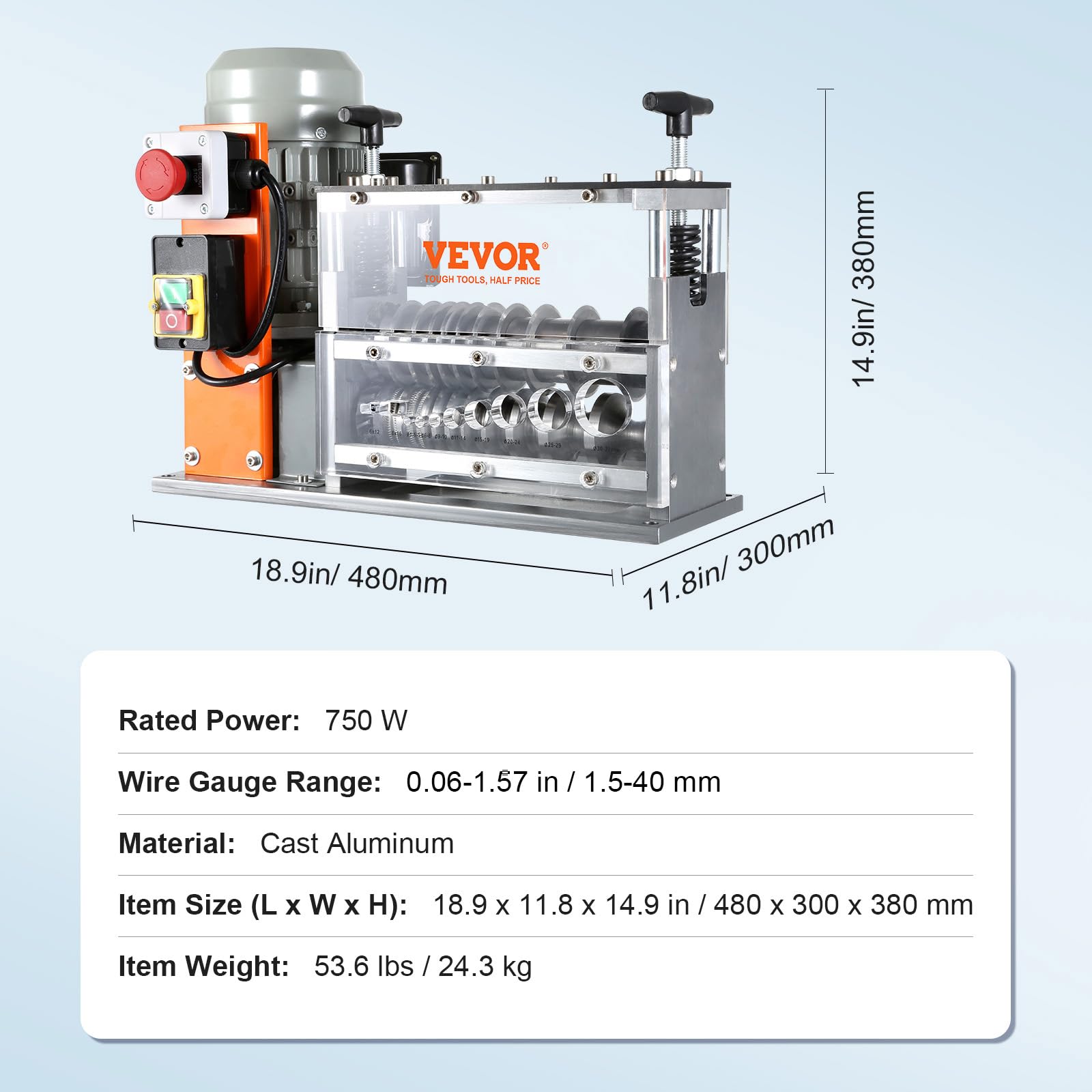 VEVOR Elektryczna maszyna do ściągania izolacji kablowej, 1,5-32 mm, 750 W, urządzenie do ściągania izolacji 30 m na minutę, szczypce do ściągania izolacji, ostrze ze stali sprężynowej 65 Mn, idealne