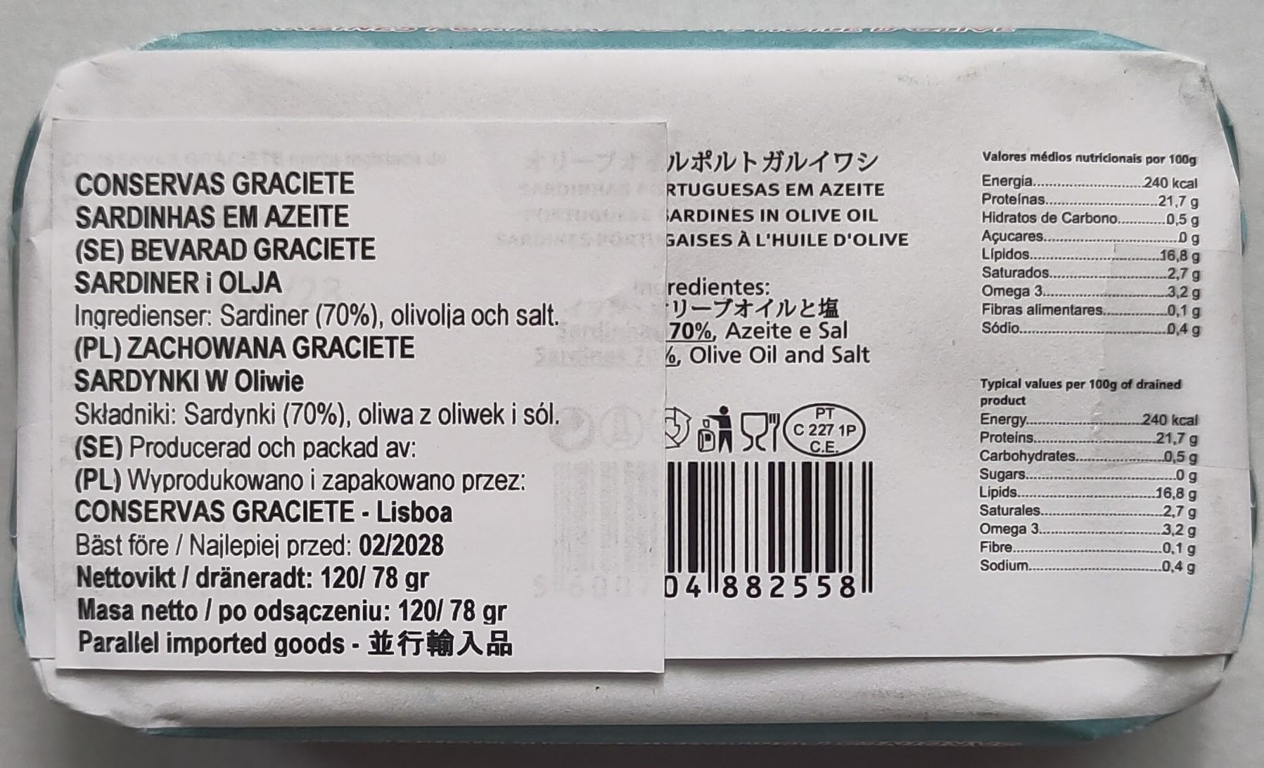 Conservas GRACIETE - Sardine entière en conserve à l'huile d'Olive extra - 4.23oz / 120gr (Paquet de 5 canettes)