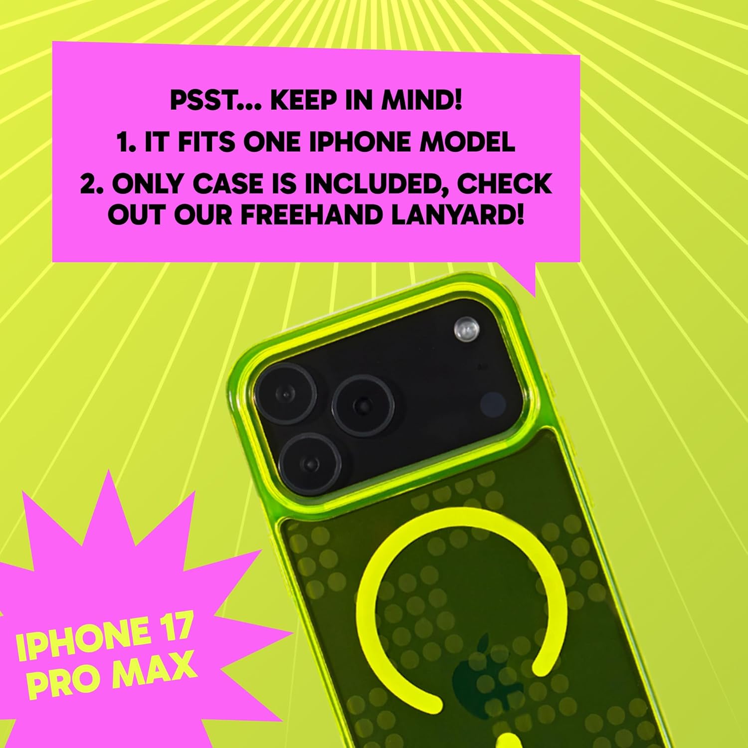 SteepLab Freehand Case for iPhone 17 Pro Max - Sling Phone Case w/Removable Lanyard Hooks, Compatible with MagSafe and Shockproof Protection (Hi-Energy Neon Yellow: Spotlight)
