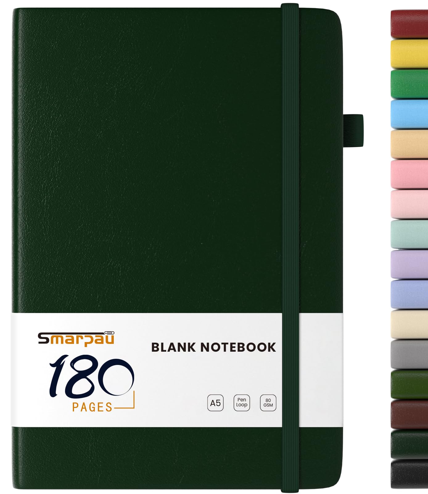Smarpau A5 Unlined Journal Notebook, Hardcover Blank Notebook with180 Pages, Thick Plain Journal for Women Men Sketch, Notepad for Work School Travel Writing, Deep Green