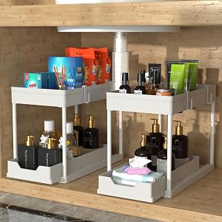MEAFBIRD 2 Pack Under Sink Organizer, 2 Tier Bathroom Cabinet Organizer with Sliding Basket, Multi-Purpose Under Sink Organizers and Storage for Bathroom Kitchen