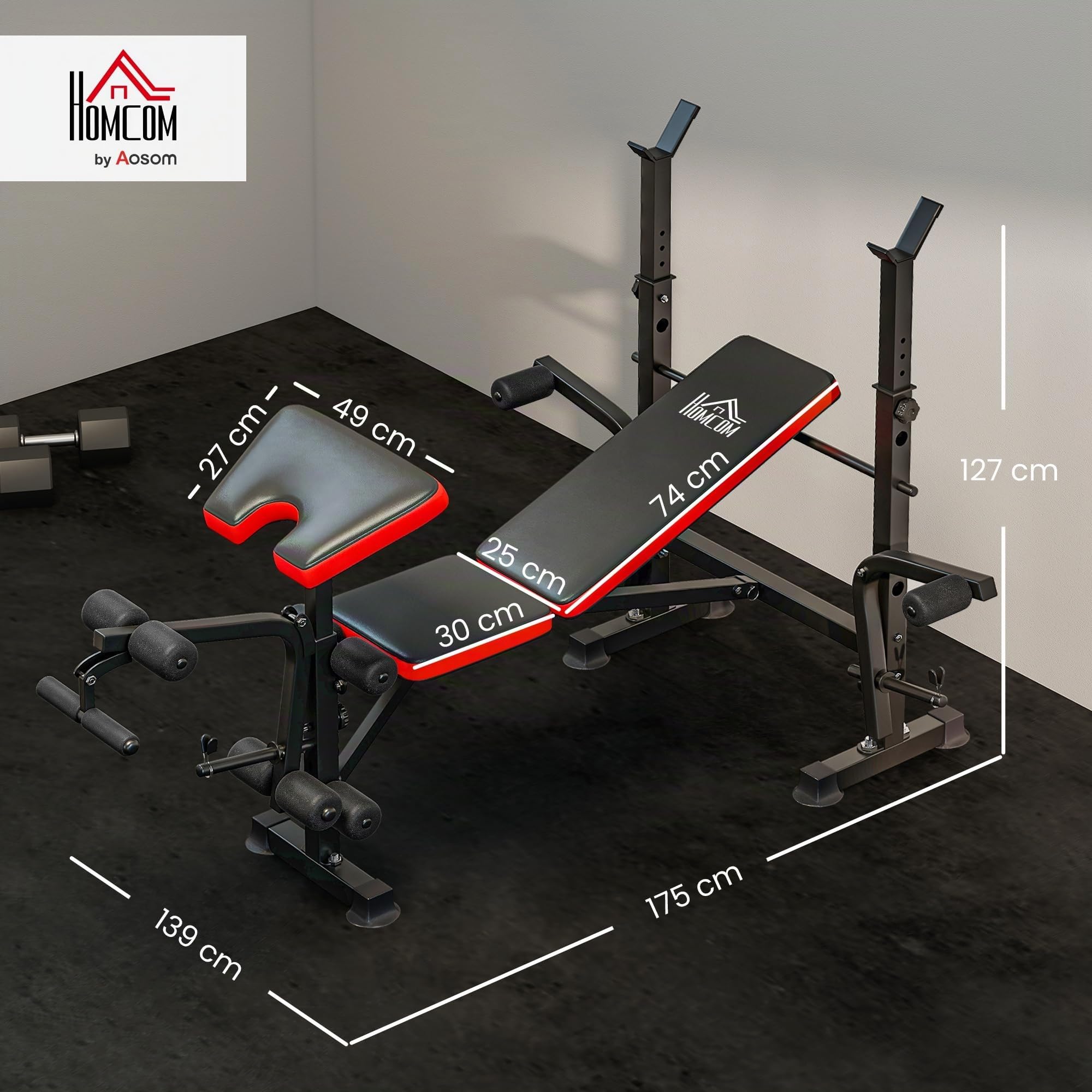 HOMCOM Hantelbank mit Langhantelständer Butterfly Beincurler bis 200kg | Verstellbare Multifunktion Trainingsbank, Bankdrücken, 3-Fach Rückenlehne, Schrägbank Flachbank, Fitnessbank für Zuhause