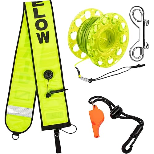 5ft Scuba Diving Surface Marker Buoy (SMB), Safety Sausage with Plastic 98ft Finger Spool Reel and Double Ended Hook Clip + Emergency Whistle for Underwater Diving