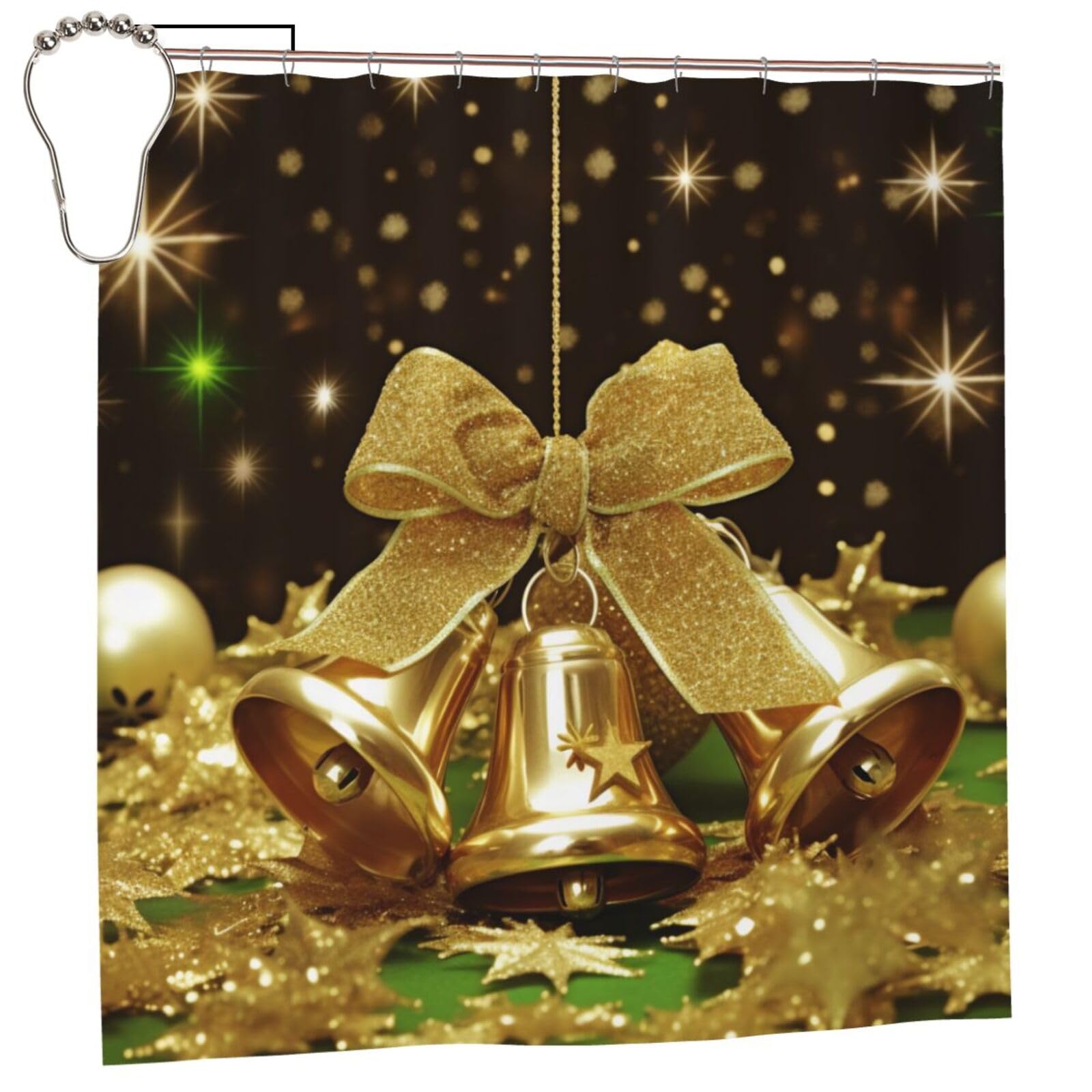 BWWHCCTI Xmas Gold Balls and Bells Printed Shower Curtain With 12 Iron Hooks Opaque Quick Drying Waterproof Shower Curtains Sets For Bathroom 183x183 CM