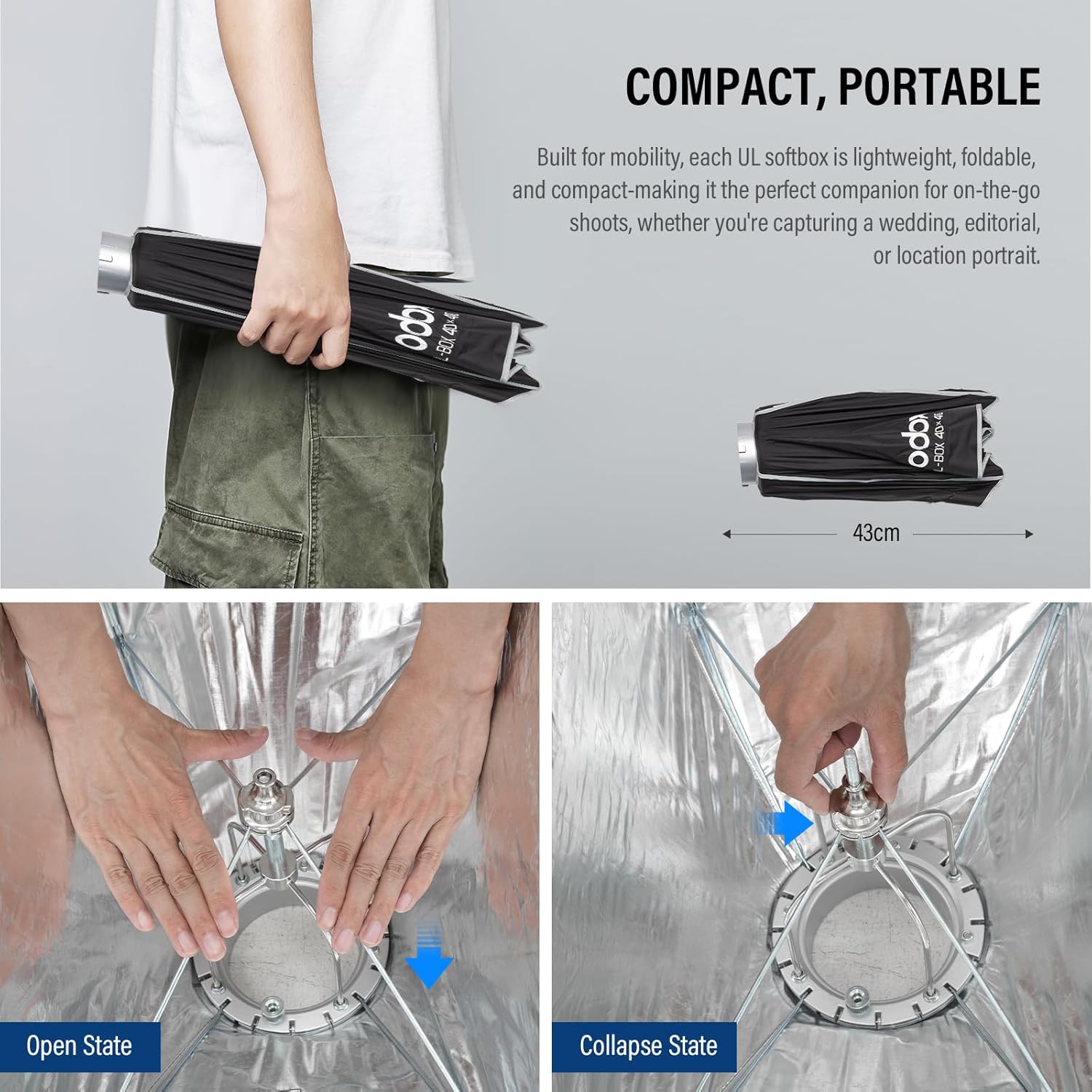 Godox Mini Softbox 40cm*40cm/ 15.7in*15.7in with Grid Diffuser Fast-Setup Bowens Mount Softbox Compact Small Photography Lighting Softbox for Continuous Light Monolight Strobe Flash