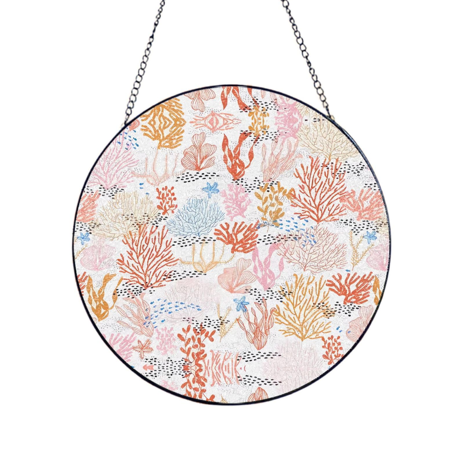 Phayah Coral Reef Print Glass Window Hanging Round Suncatcher Glass Ornament Garden Wall Fence Decorations Indoor Outdoor 10in（25cm）