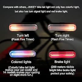 JINKEY Smart Bike Tail Light, Colorful Bright LED Bike Rear Light with USB Rechargeable Bike Turn Signals, Remote Control and Auto On/Off Brake Light Safety Flashlight for Bicycle