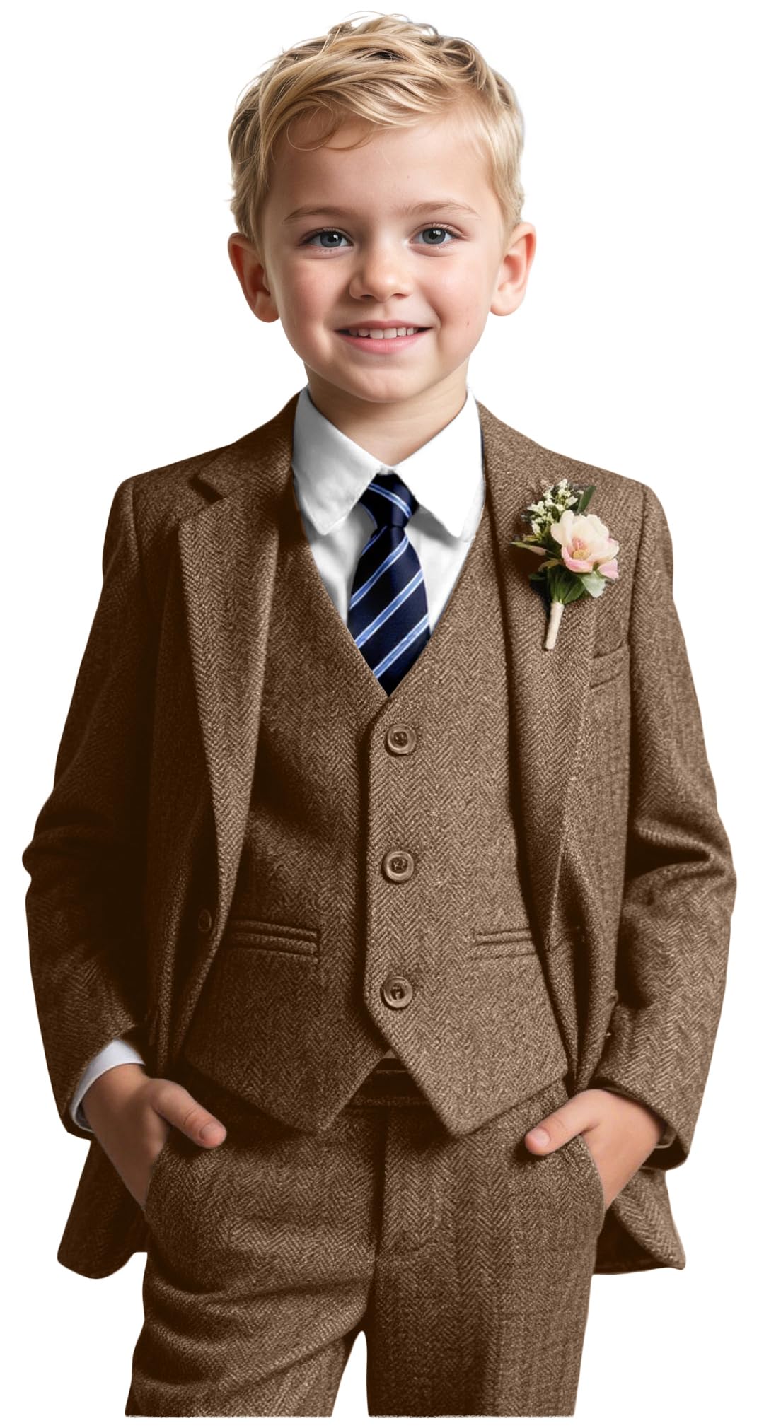 Suits for Boys Tweed Herringbone 5 Piece Toddler Kids Wedding Outfit Teen Boy Blazer Vest Pant Suit Tuxedo Set with Shirt Tie