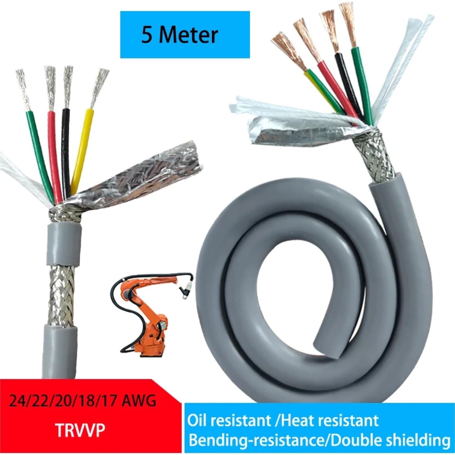 TRVVP Heat-Resistant Wire 4Core Double Shielded 24 22 20 18 17AWG 2 3 4 5 6 7 8Core Gray Insulated Oil Resistant CNC(24 AWG 0.2mm2,2Cores 5Meters)