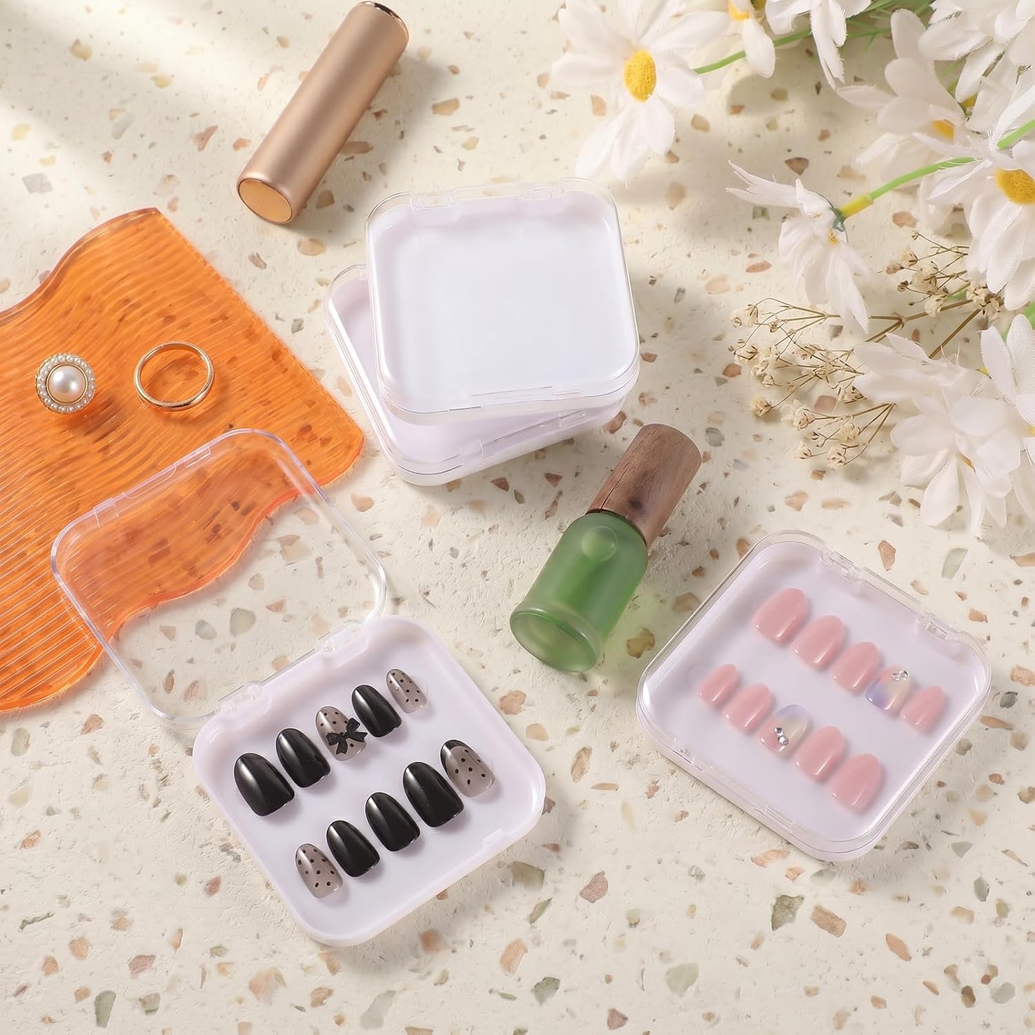4 Pcs Press on Nail Case, 2.95" Plastic Press on Nail Packaging Boxes with 36 Adhesive Double Sided Tape Clear Fake Nails Display Container for Nail-Salon Supplies Business