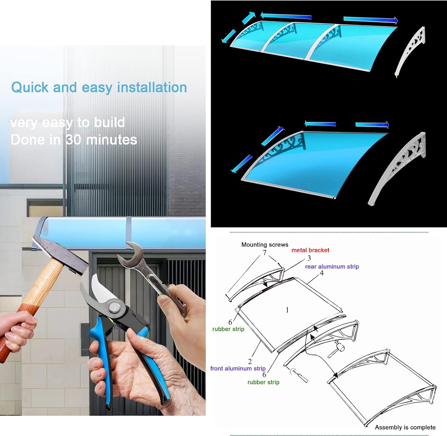 Metal Window Awning Porch Awning,Front Door Canopy Outdoor Awning Canopy,Block Uv Rays,Aluminium Arched Garden Canopy,Modern Polycarbonate Windproof Roofing Rain Shelter (60x90cm/24 x35)