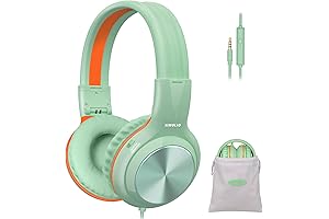 SIMOLIO Kids Headphones Wired w/ Microphone for School, Volume Limited for Teens w/ Green