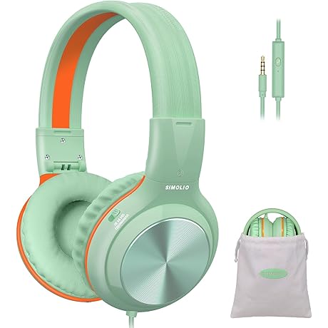 SIMOLIO Kids Headphones Wired w/ Microphone for School, Volume Limited for Teens w/ Green