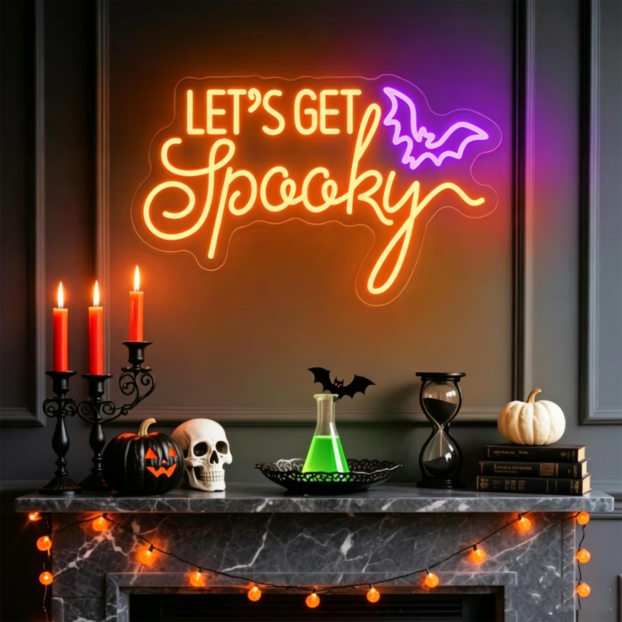 Let's Get Spooky Neon Sign Custom Halloween Signs with Bat, Dimmable LED Spooky Light Signs for Wall Decor Halloween Party, Gothic Room, Bar, Bedroom, Fireplace