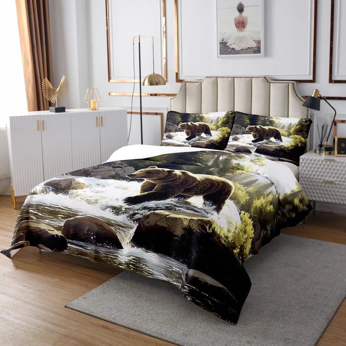 jejeloiu Bear Bedspread Queen Size Black Bears Coverlet Set Cabin Quilted Coverlet for All Season with 2 Pillowcases Countryside Microfiber Lightweight