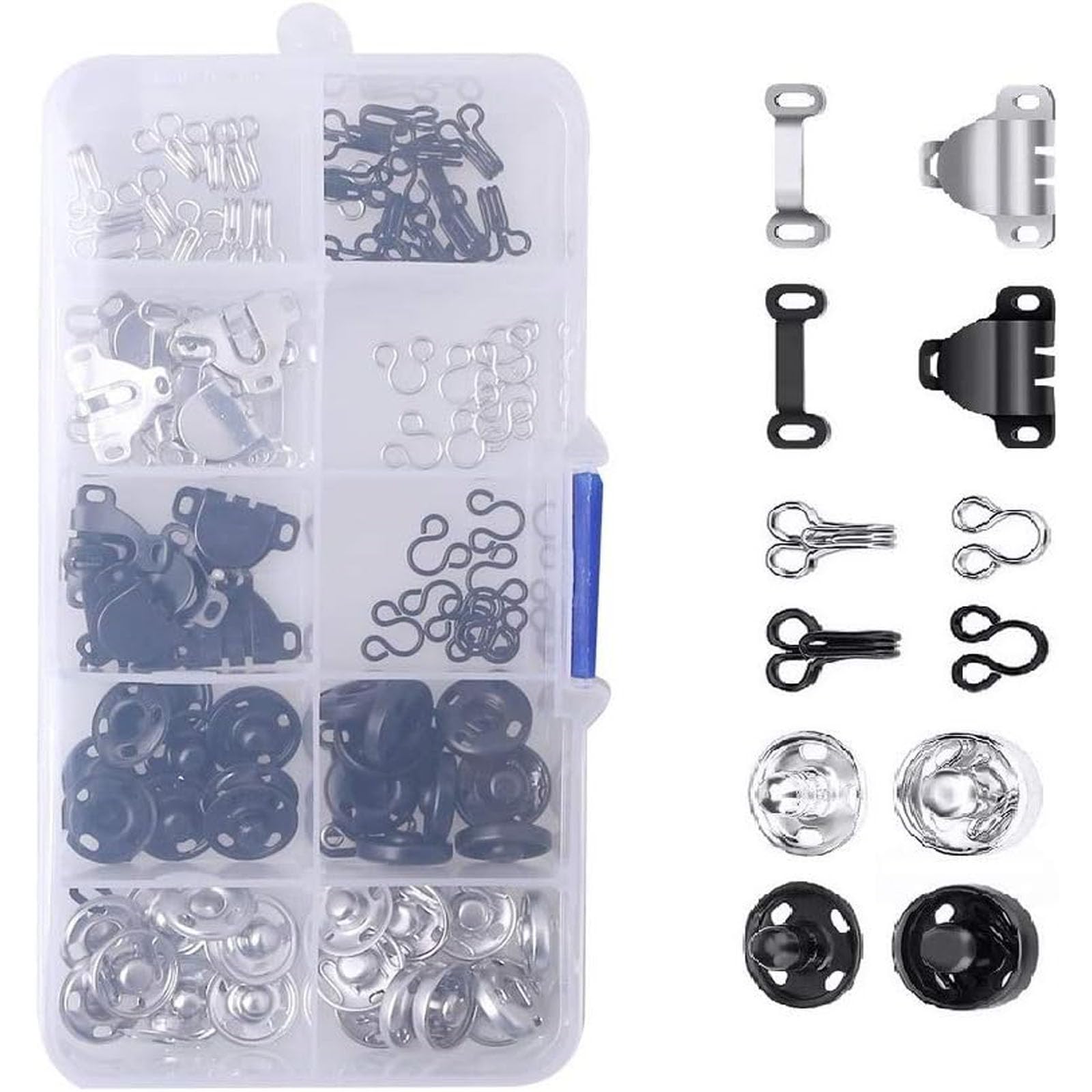 Tazweeq 100 Pcs Sewing Hook and Eye Clip Set, 3 Styles of Skirt Hooks and Eyelets Sewing Hooks, Sewing Snap Clip Garment Fastening Tool with Metal Snap Button Fastener Presser Pins for Skirts,Pants