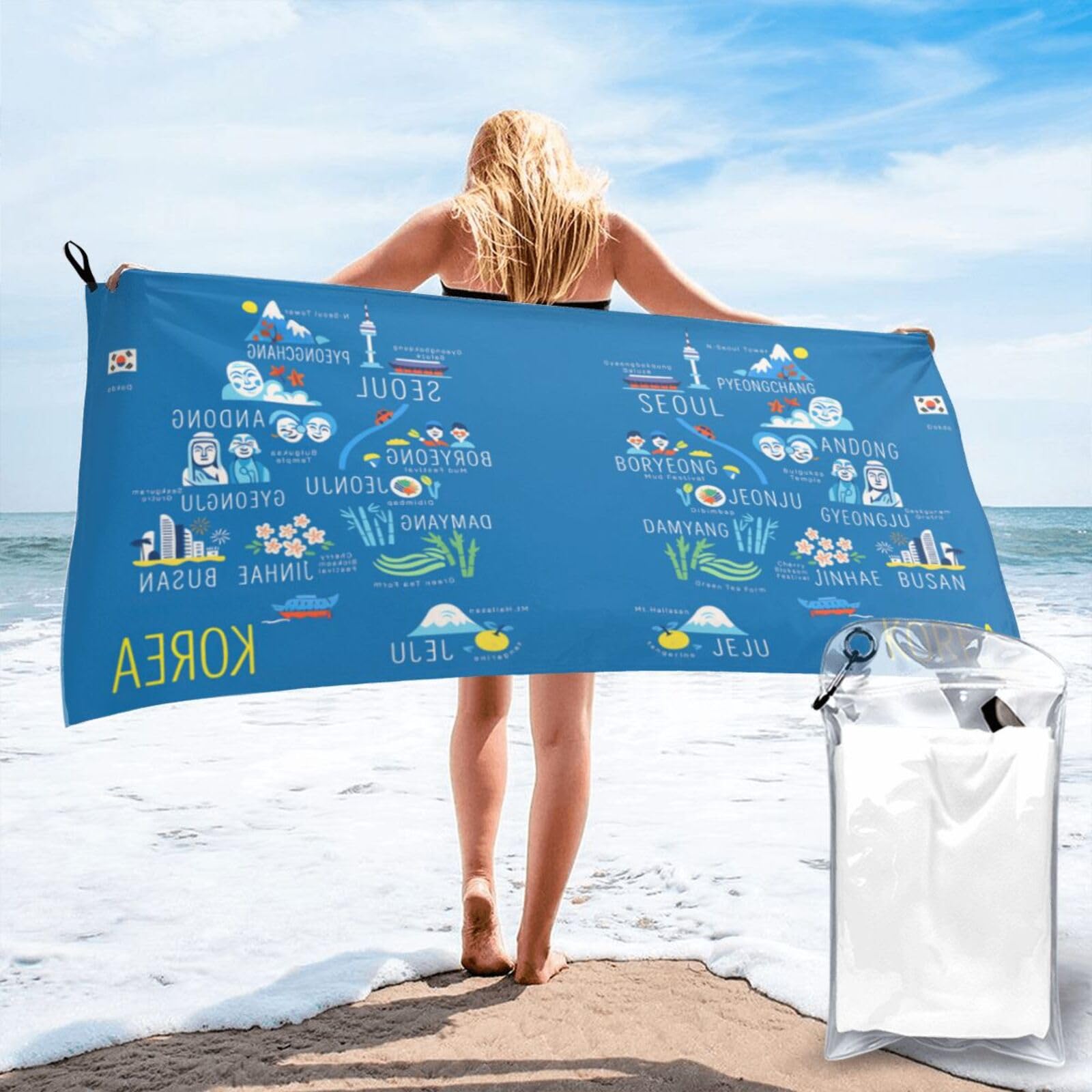 FHIZOAL Korean Cities And Landmarks Quick Dry Towel Microfibre Towel Super Absorbent Ultra Compact Gym Sports Beach Camping Travel