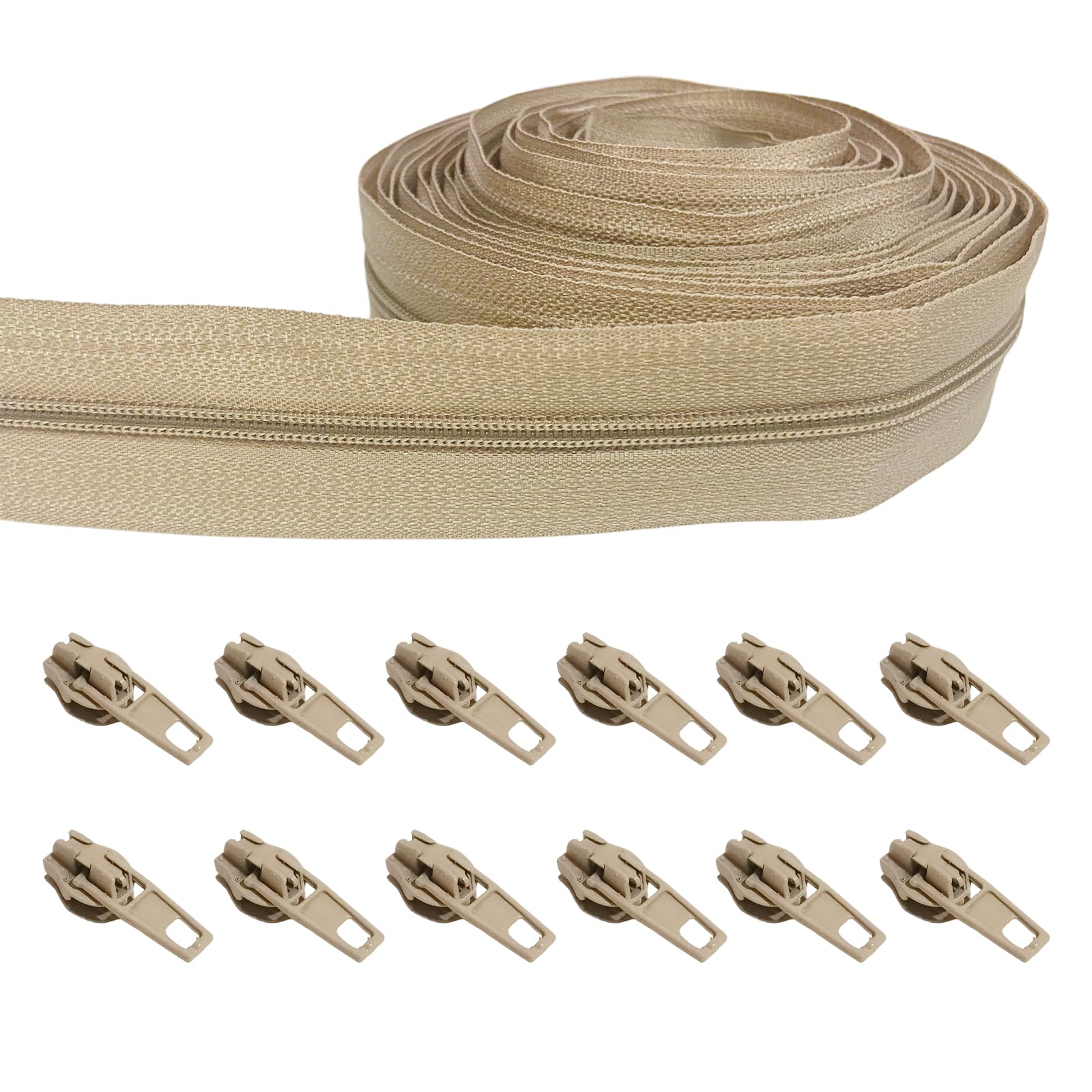 Zips for Sewing Beige, Continuous Zip 5m Beige Zipper with 12 Sliders, Nylon Coil Zipper Chain for DIY Tailor Sewing Craft, Bag, Luggage, Dress, Sofa Cushion, Pillow