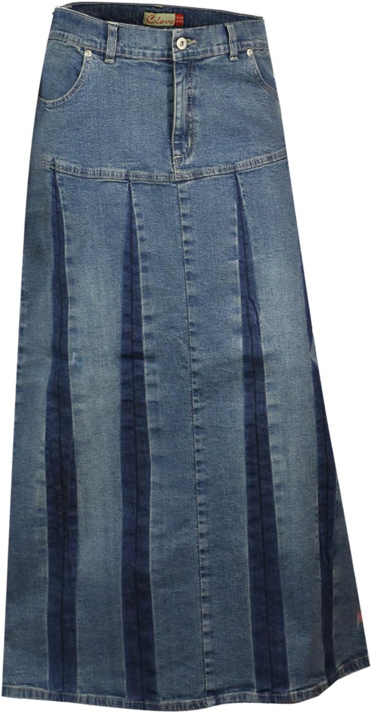 Womens A-Line Denim Skirts for Women Ankle Length Skirts with Pleats - Mid Rise Maxi Skirt Long Blue Stretch Denim Skirt Plus Size 12-24