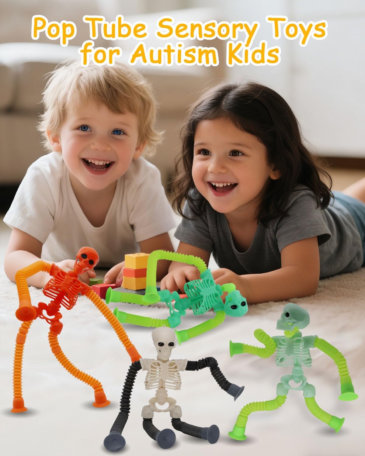 Pop Tubes Skeleton Halloween Toys 4 Packs, Bendable Strenchy Fidget Toys for Halloween Party Favors Treat Bags Kids Autism Toys Stree Relief Suction Toys Stuffers Basket Gifts