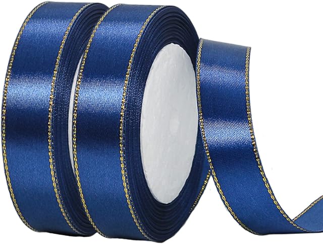 2Rolls 20mmx22m Navy Blue Ribbon with Gold Rim,Christmas Double Sided Satin Ribbon Roll for Crafts DIY,Christmas Ribbon for Gift Wapping,Crafting Xmas Tree Cake Wreath Bow Wedding Decoration