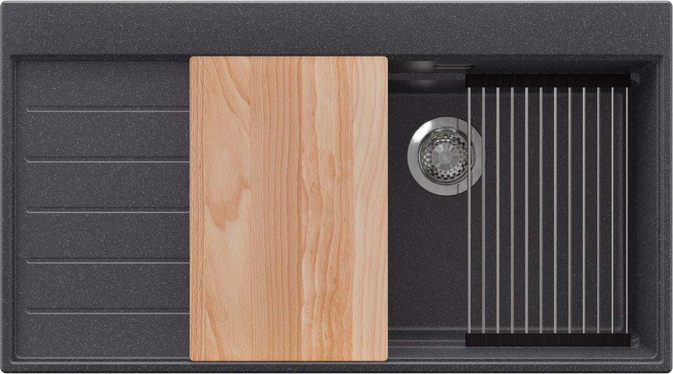 Évier cuisine granit graphite avec grand bac de lavage et système de vidage complet inclus