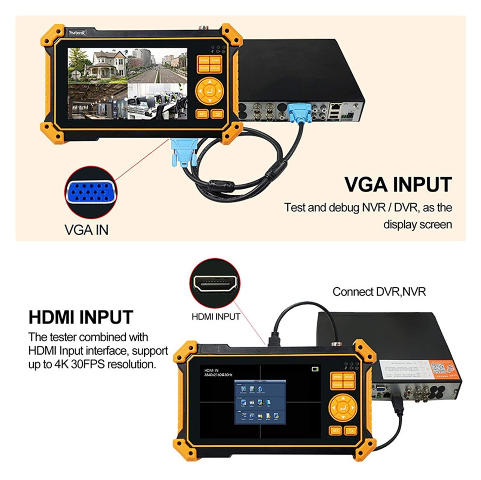 Tester CCTV Tester for videosorveglianza 4 in 1 da 5 pollici, tester for monitor video analogico coassiale CVI/TVI/AHD/CVBS, CCTV portatile for telecamera con uscita DC12V