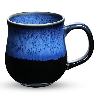 RELEDESA 16 Oz Large Ceramic Coffee Mug with Big Handle, Handmade Glazed Tea Cup for Office and Home, Microwave and Dishwasher Safe, Small Coffee Cups for Hot and Cold Drinking (Starry Blue)