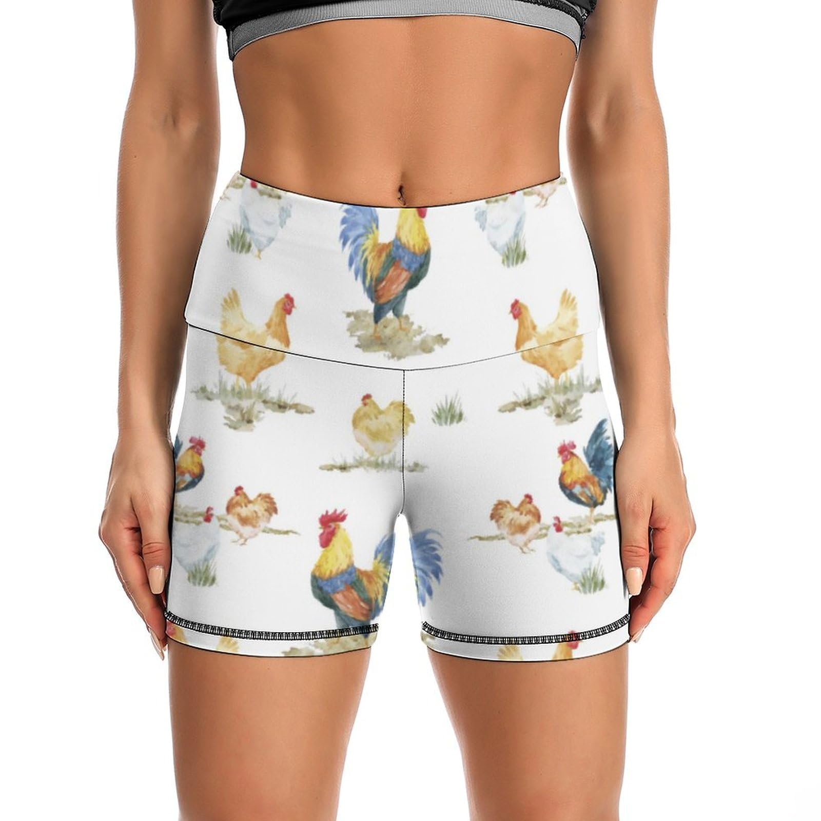 JYYAU Rooster Pattern High Waist Yoga Shorts for Women Athletic Shorts Leggings Running Pants Black