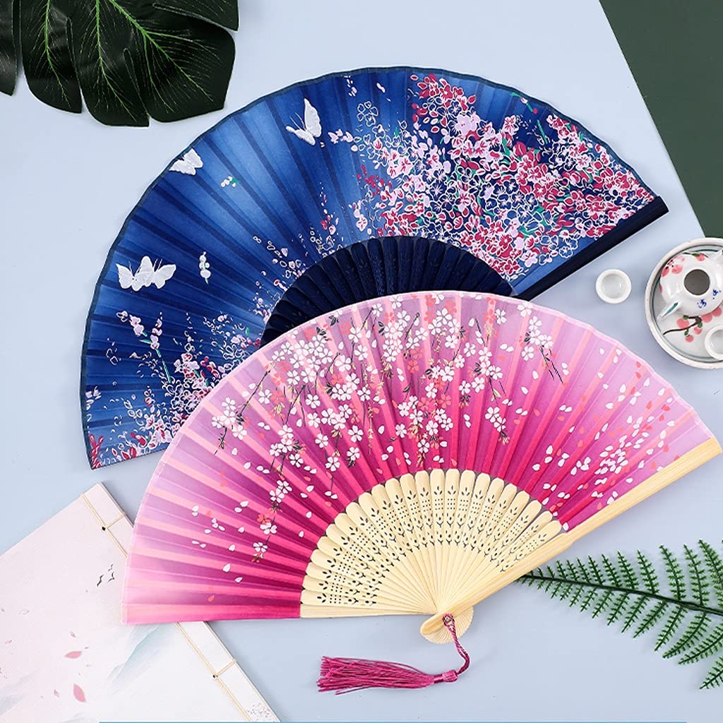 Abanico de mano Plegable Paquete de 2 Abanicos de mano con borlas, Abanico plegable de estilo antiguo Hanfu, Abanico de bambú pequeño plegable portátil Abanico plegable de mano chino (Color : E) (F)