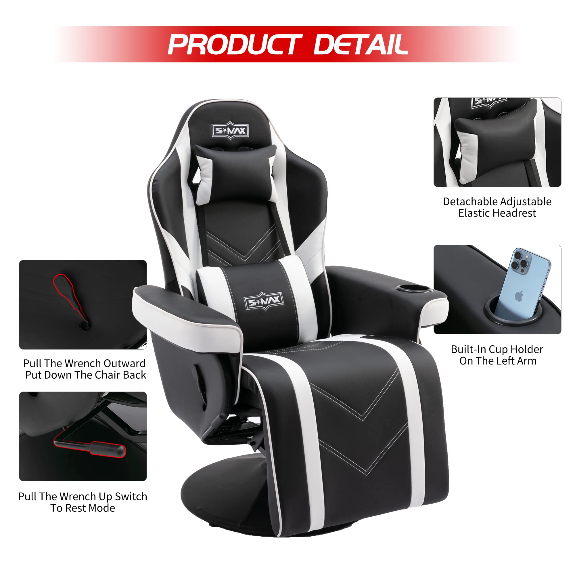 S*MAX Gaming Sessel Gaming Stuhl mit Fußstütze hoher Rückenlehne mit Verstellbarer Rückenlehne Becherhalter Seitentasche Gaming Stuhl für Erwachsene Large Weiß