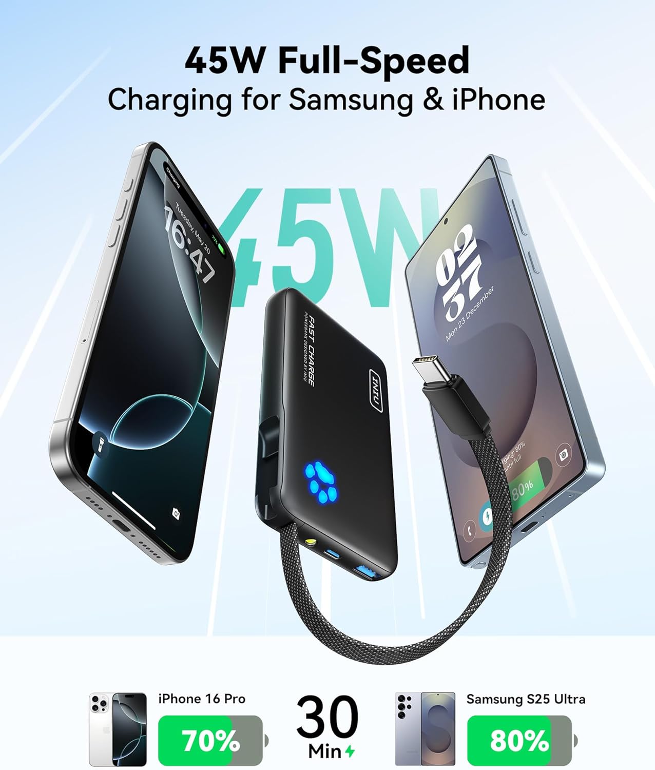 INIU Portable Charger with Flashlight, 45W Fast Charging Tablet Power Bank with USB C Cable, 10000mAh Powerbank, Battery Pack for iPhone 17 16, iPad, Samsung S25 etc Travel Essential, Emergency Light - Image 2