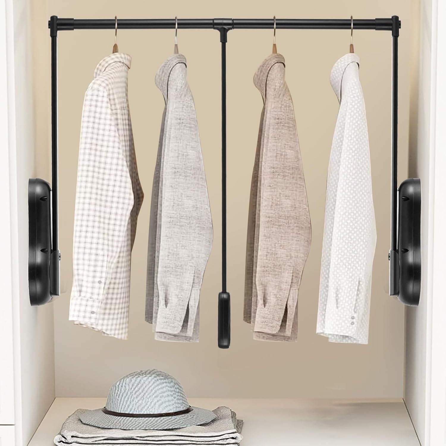 YJINGRUI Pull Down Closet Rod, 120° Pull-down Wardrobe Hanger with Lift Damping System, 55lb Adjustable Clothing Rack for Cloakroom/Bedroom/Balcony (25.6"-33.4")