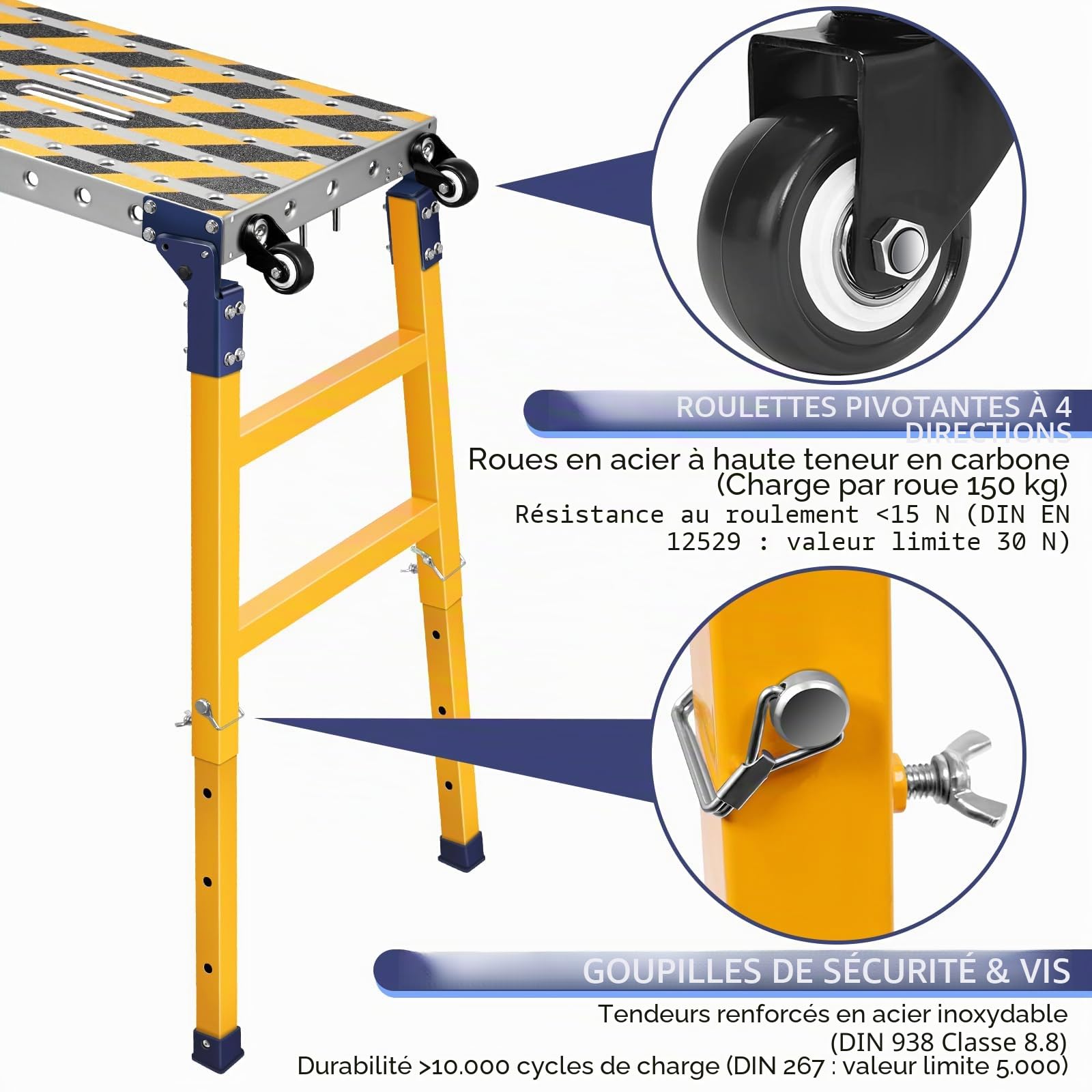 Plateforme de travail stable 2 en 1 + table de soudage mobile avec bandes adhésives antidérapantes - 160 x 36 cm - Plateforme de travail pliable - Établi galvanisé avec hauteur réglable - Charge