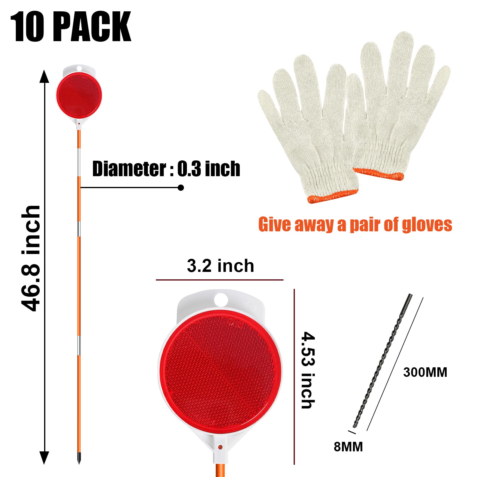 Lot de 10 marqueurs réfléchissants pour allée, piquets à Neige en Fibre de Verre Orange de 129,5 cm avec réflecteur Double Face et Bande réfléchissante pour parkings, allées et trottoirs