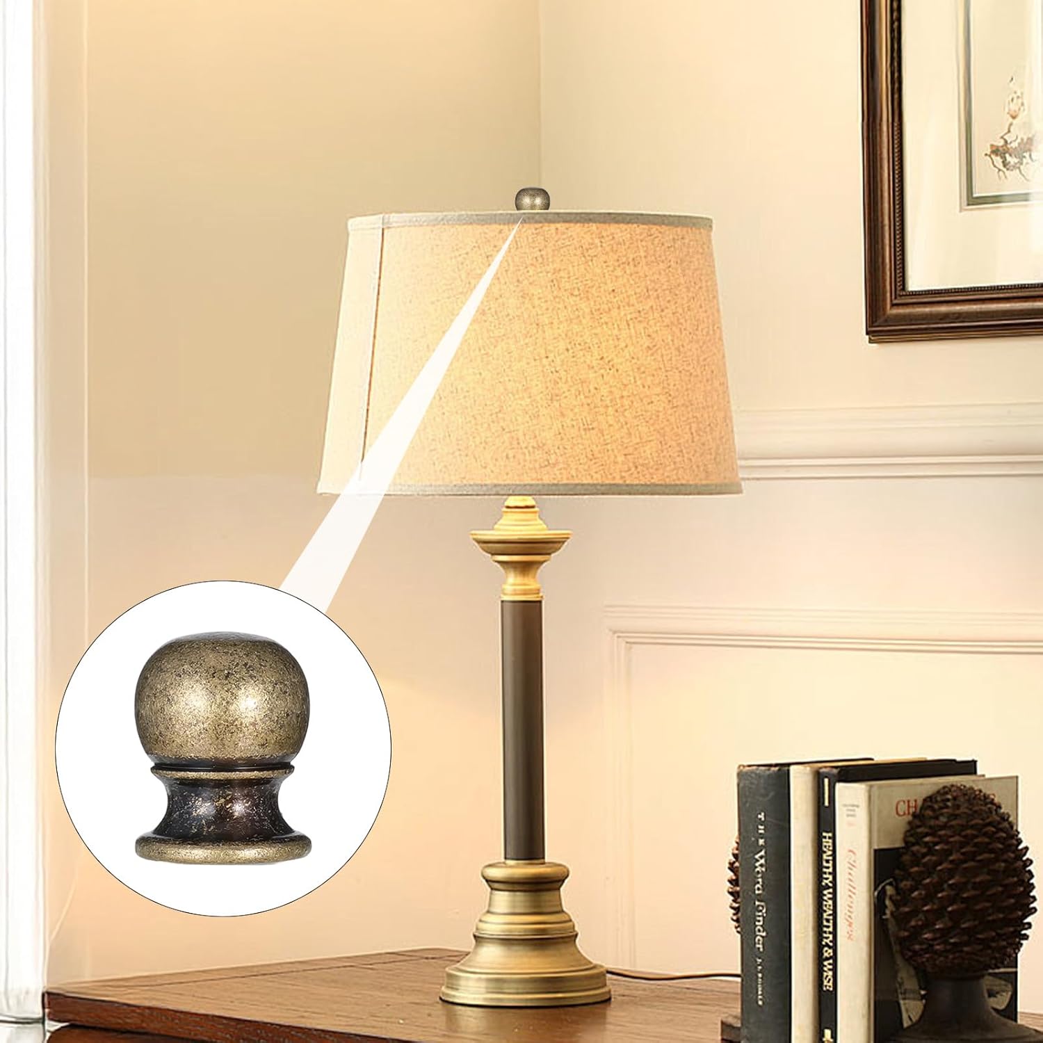cobee 2 Pcs Lamp Finials for Lamps, Antique Brass Finial Cabinet Knobs Lamp-Shade Screw Caps, Lamps Shade Topper Ball Kitchen Cabinet Hardware for Table Floor Lamp