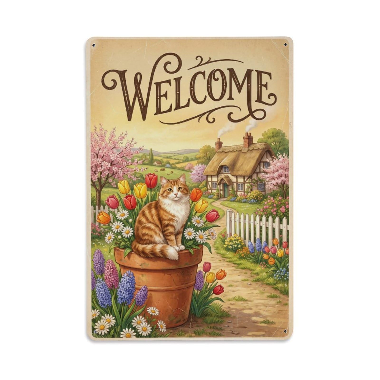 Cxhjca 8X12inch(20X30cm) [Vintage Welcome] Cat Happy Home Metal Tin Sign