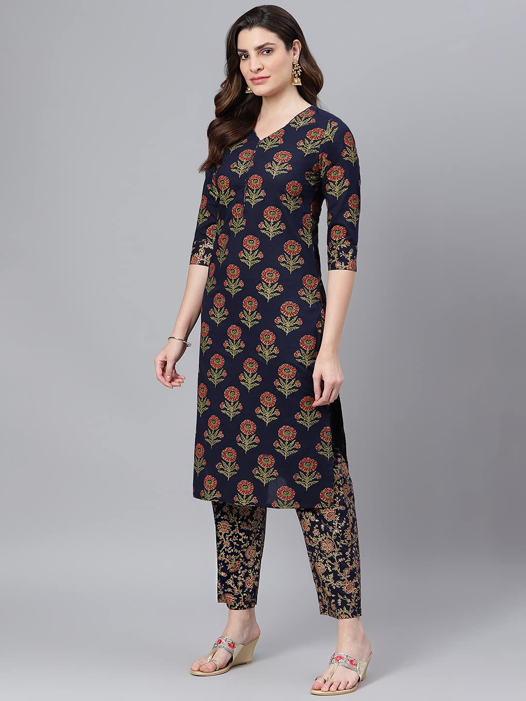 Idalia Women's Navy Blue Gold Printed Cotton Kurta Set With Pant And Dupatta