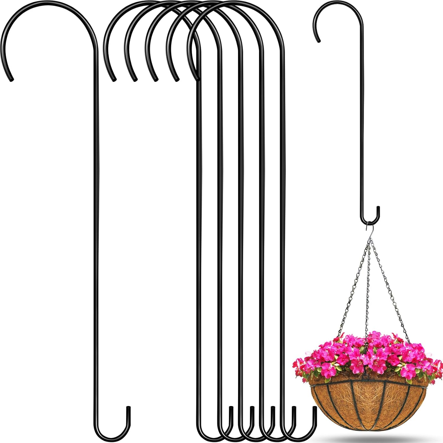 6 Pack 24 Inch Large S Hooks for Hanging Plants Black Metal Plant Hanger Long Tree Hooks Plant Hooks Outdoor Hanging Hooks for Tree Branch, Bird Feeder, Basket, Lantern Indoor Closet Garden 6 24 Inch