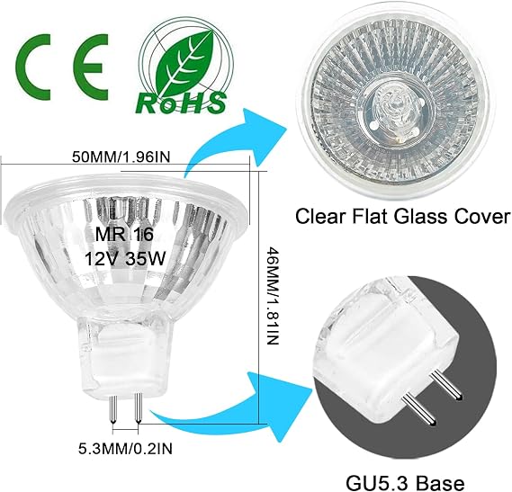 MR16 Halogen Bulb 35W Dimmable 12V GU5.3 Bi-pin Base Spotlight with Long Lifespan, 6 Pack MR16 Bulbs with Clear Glass Cover for Landscape Lights, Track Lights, Fiber Optics, 2700K Warm White