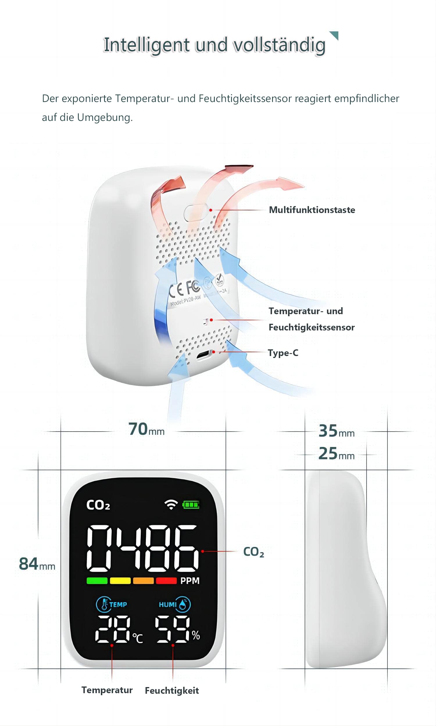 Air Monitor Indoor CO2 Messgerät, NDIR Luftqualität Raumluft Monitor, WiFi Stromsparen CO2 Melder mit tragbare Alarm, CO2 Thermometer mit Digitalen, Temperatur Luftfeuchtigkeit